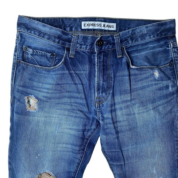 Express Rocco Jeans Mens 31/32 (33/31) Slim Fit Skinny Leg Dark Wash Distressed - Picture 6 of 14